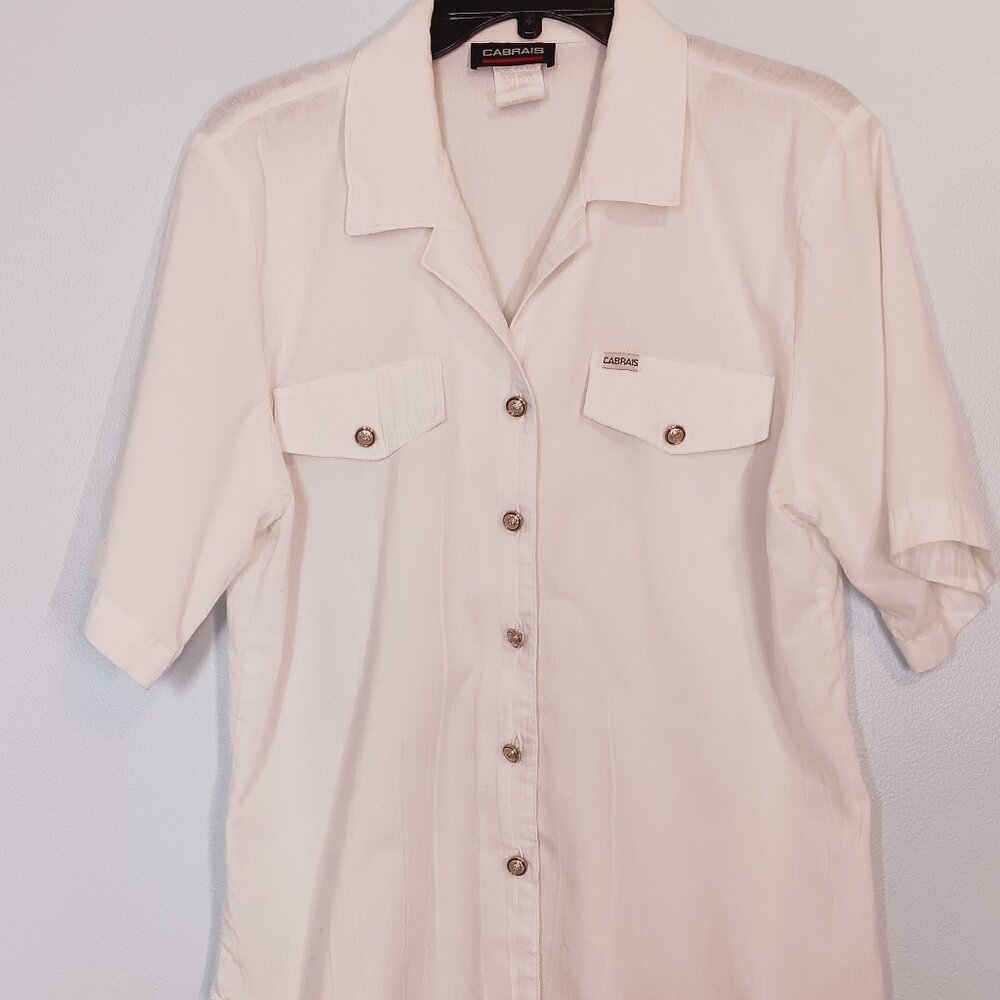 Vintage White Cotton-Blend Safari Button Down with Unique Buttons